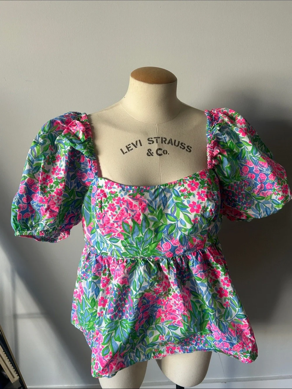 Lily Pulitzer Floral Puff-Sleeve Square Neck Top - Pink & Green